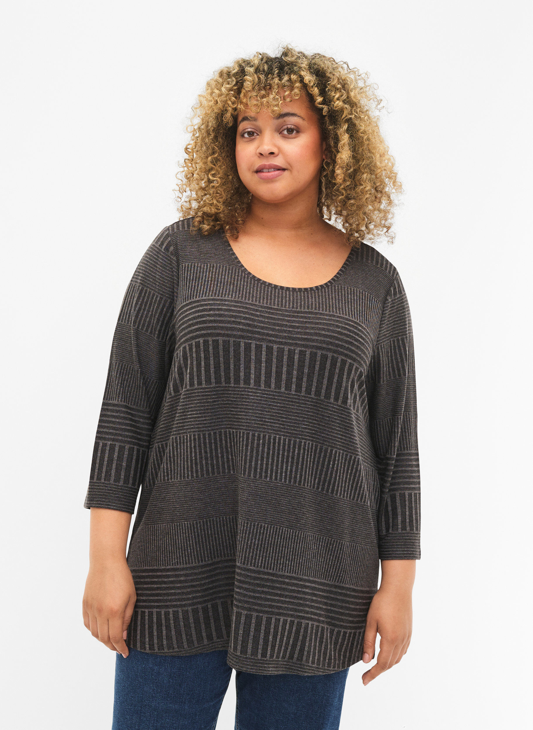 Zizzi Blouse met driekwartmouwen en een gestreept patroon, Dark Grey Melange, Model image number 0