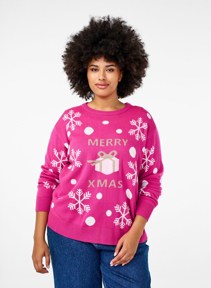Kersttrui met ronde hals, Pink Glow Comb, Model image number 0