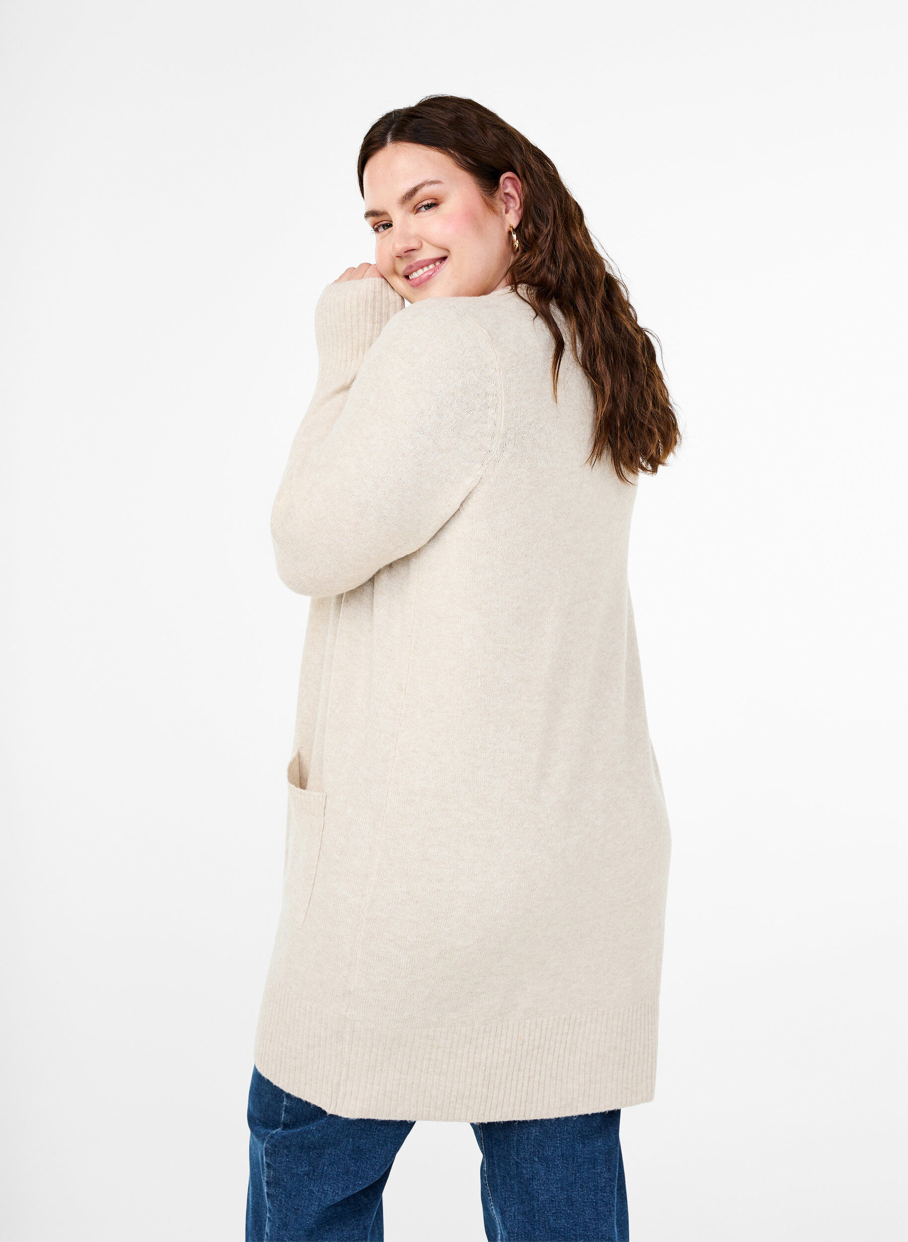 ZizziGeribd gebreid vest met zakken, Beige, Model image number 2