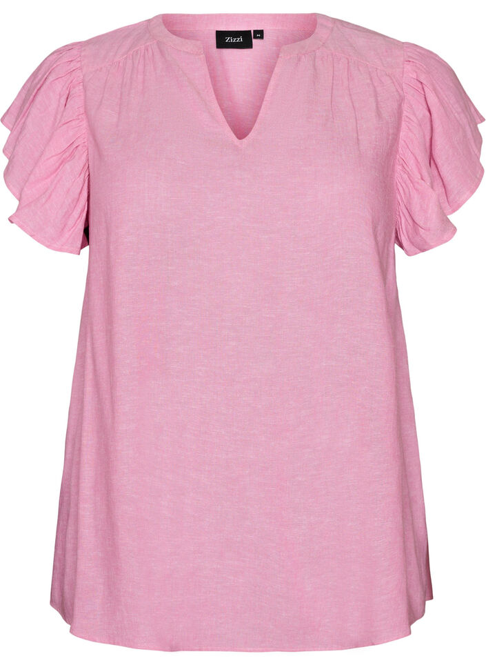 Viscose en linnen blouse met ruches aan de mouwen, Roze, Packshot image number 0