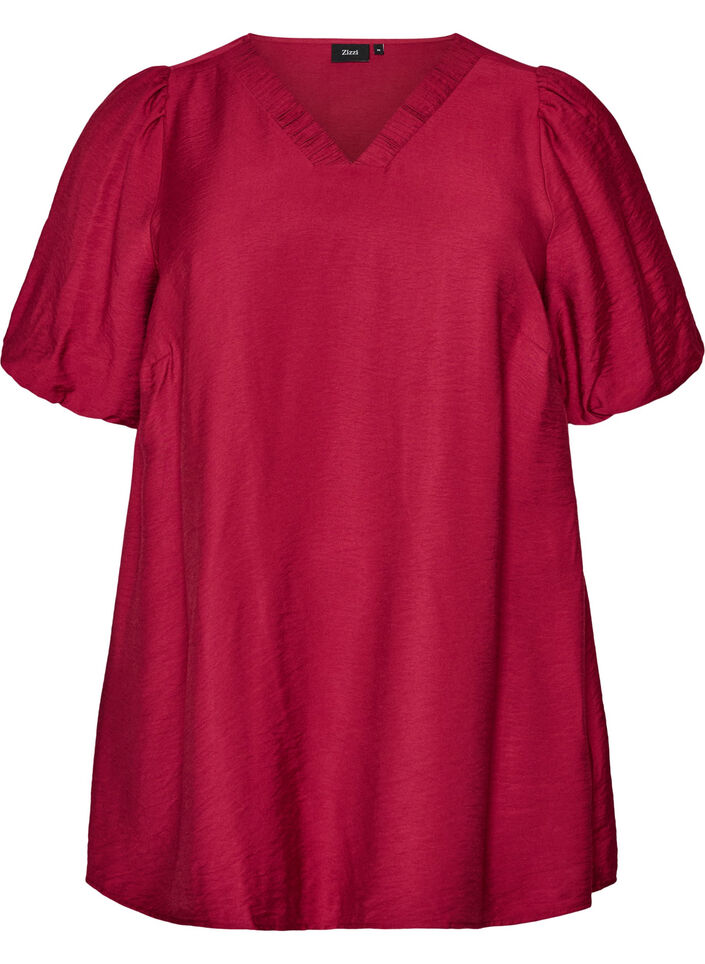 Tunic met ballonnenmouwen en een V-hals, Rood, Packshot image number 0