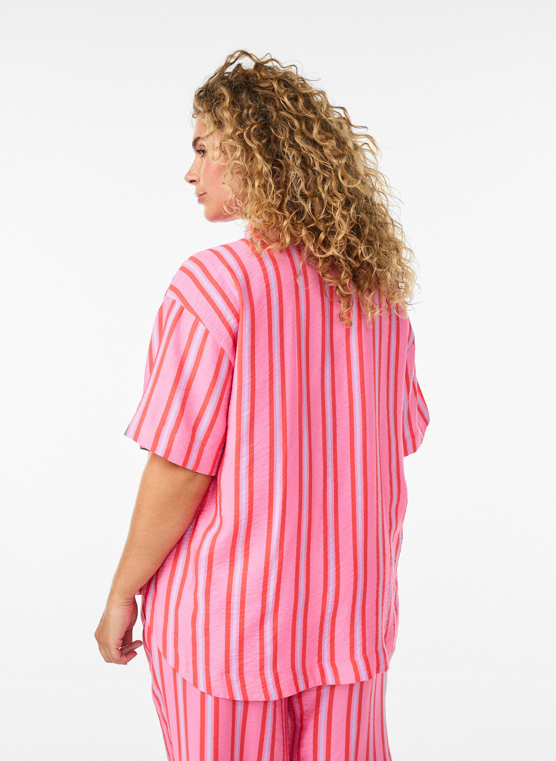 ZizziGestreepte viscose shirt met korte mouwen, Roze, Model image number 2