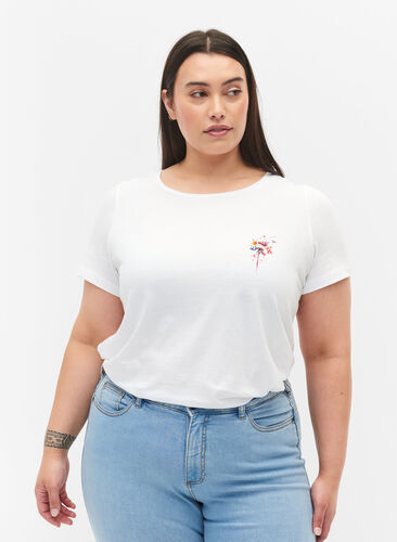 Katoenen t-shirt met opdruk op de voorkant, Bright White FLOWER, Model image number 0