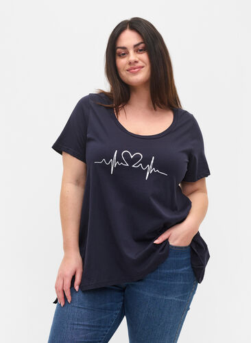 Katoenen t-shirt met korte mouwen en a-lijn, Night Sky Silv Heart, Model image number 0