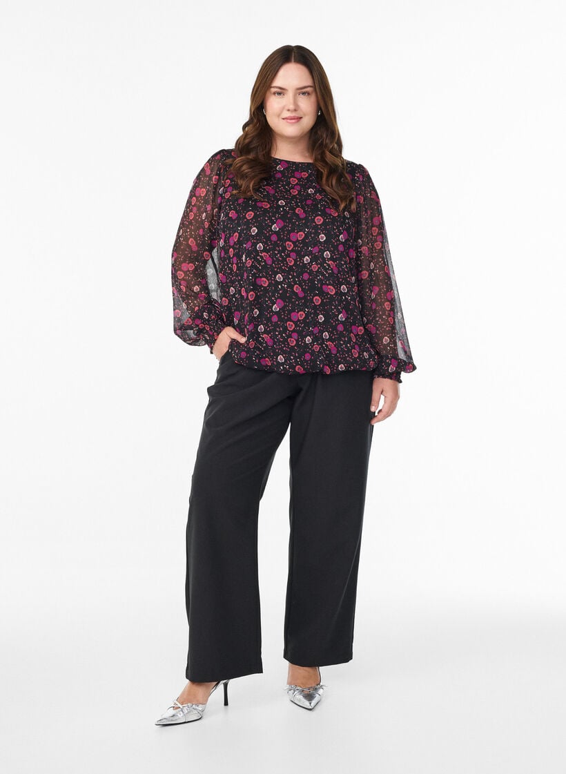 Chiffon blouse met bloemenprint en sheer mouwen, Zwart, Model image number 1