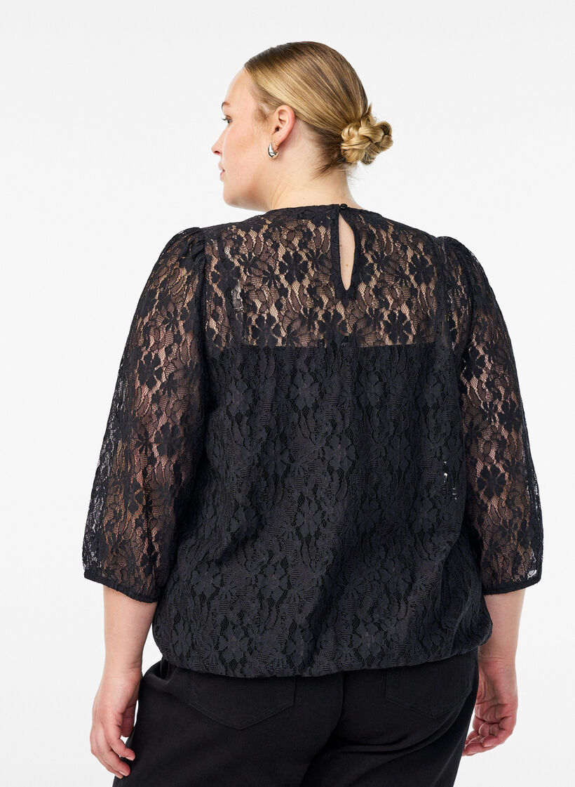 Kantblouse met 3/4 mouwen, Zwart, Model image number 2