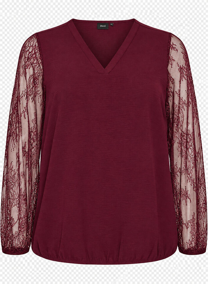 Blouse met kanten mouwen en ballonvorm, Rood, Packshot image number 0