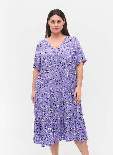 Viscose midi-jurk met bloemenprint, Lilac Flower Print, Model image number 0