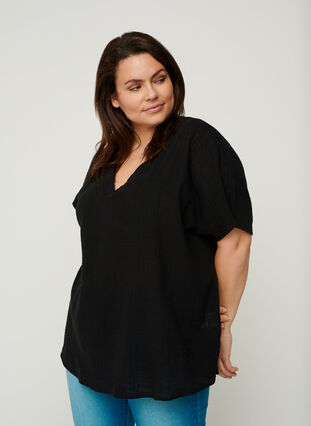 Katoenen blouse met korte mouwen en v-hals, Black, Model image number 0