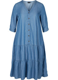 Midi-jurk met knopen en 3/4 mouwen, Blue denim