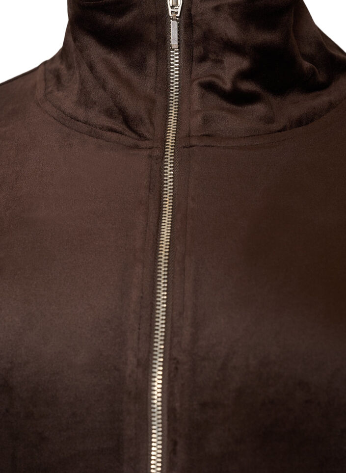 Zachte velours cardigan met rits en hoge kraag, Bruin, Packshot image number 2