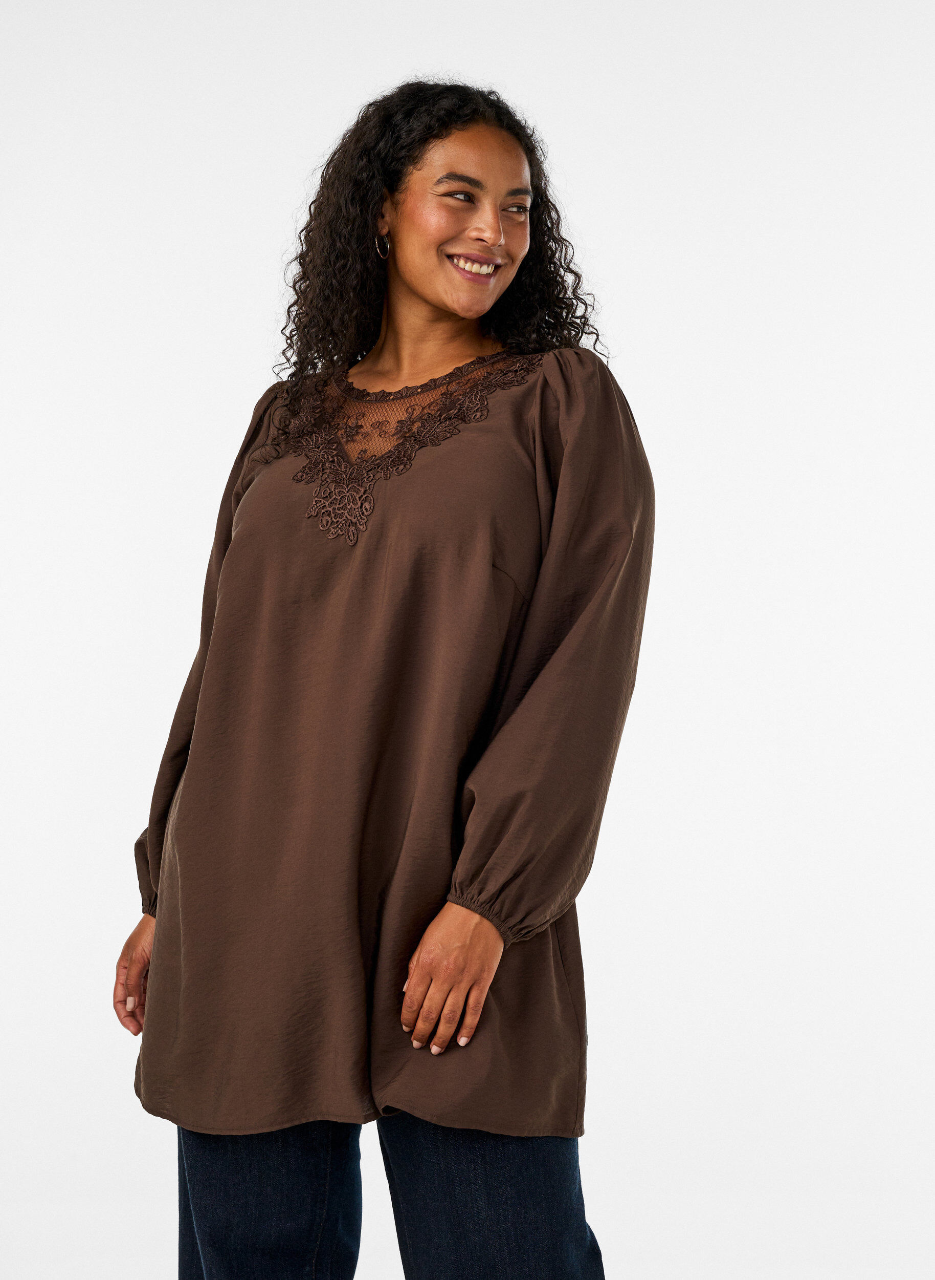 ZizziViscose tuniek met kanten detail, Bruin, Model image number 0