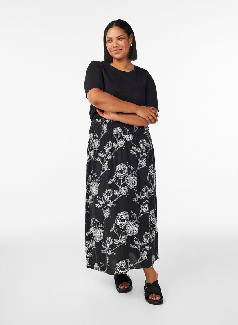 Viscose maxi-rok met smock, Zwart, Model image number 0