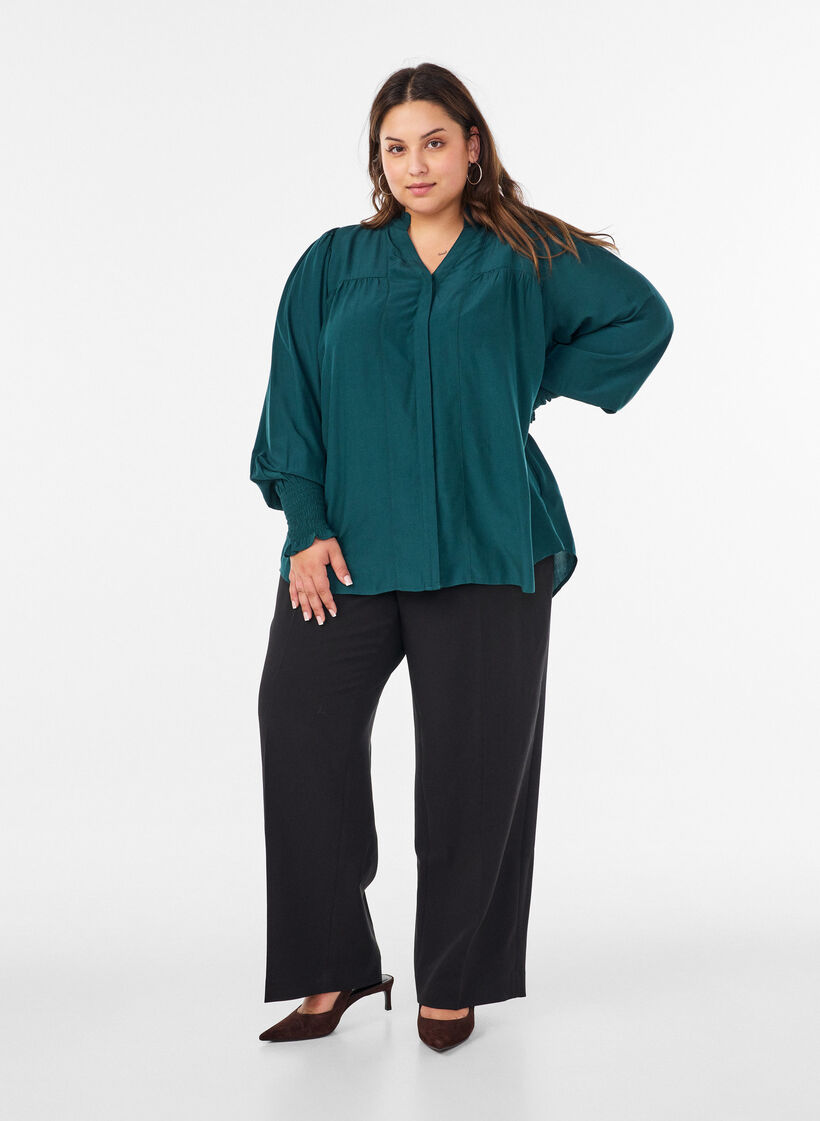 Blouse met ruches kraag en plooien, Groen, Model image number 1