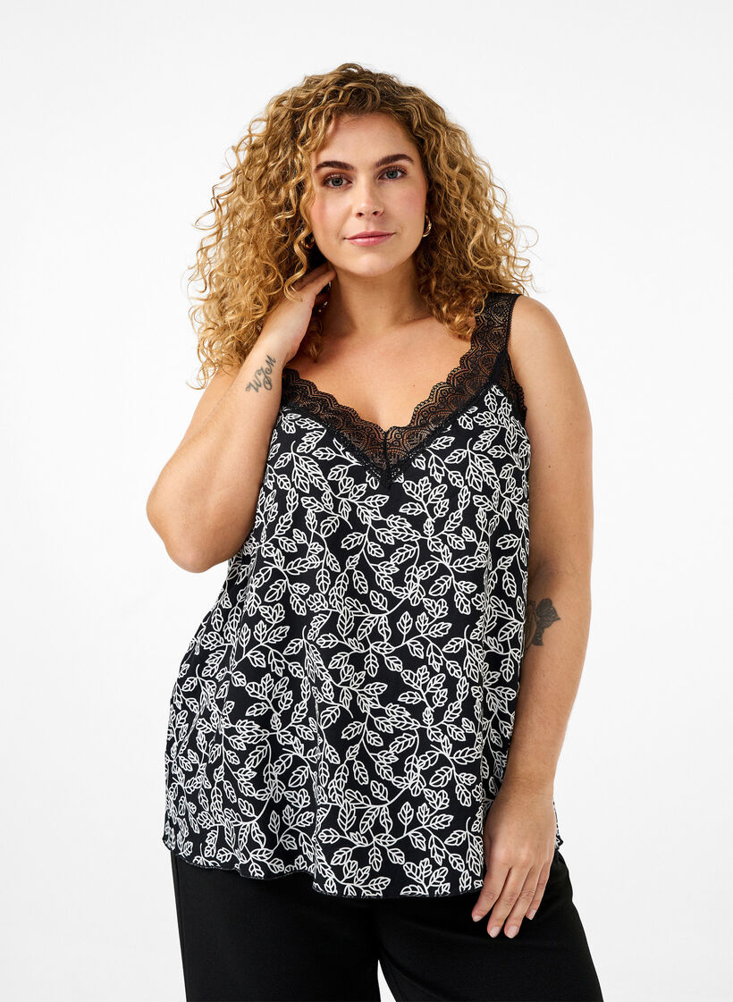 Kanten topje van viscose, Black w. Wh.Leaf AOP, Model image number 0