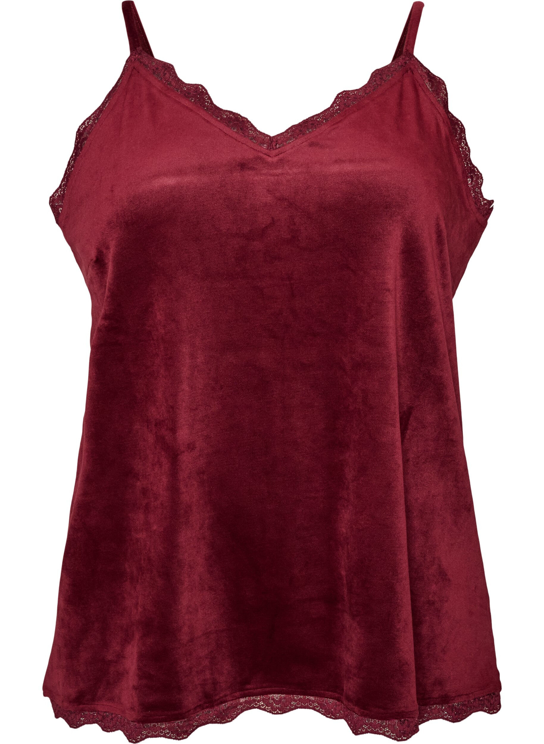 ZizziVelour top met kanten rand, Rood, Packshot image number 0
