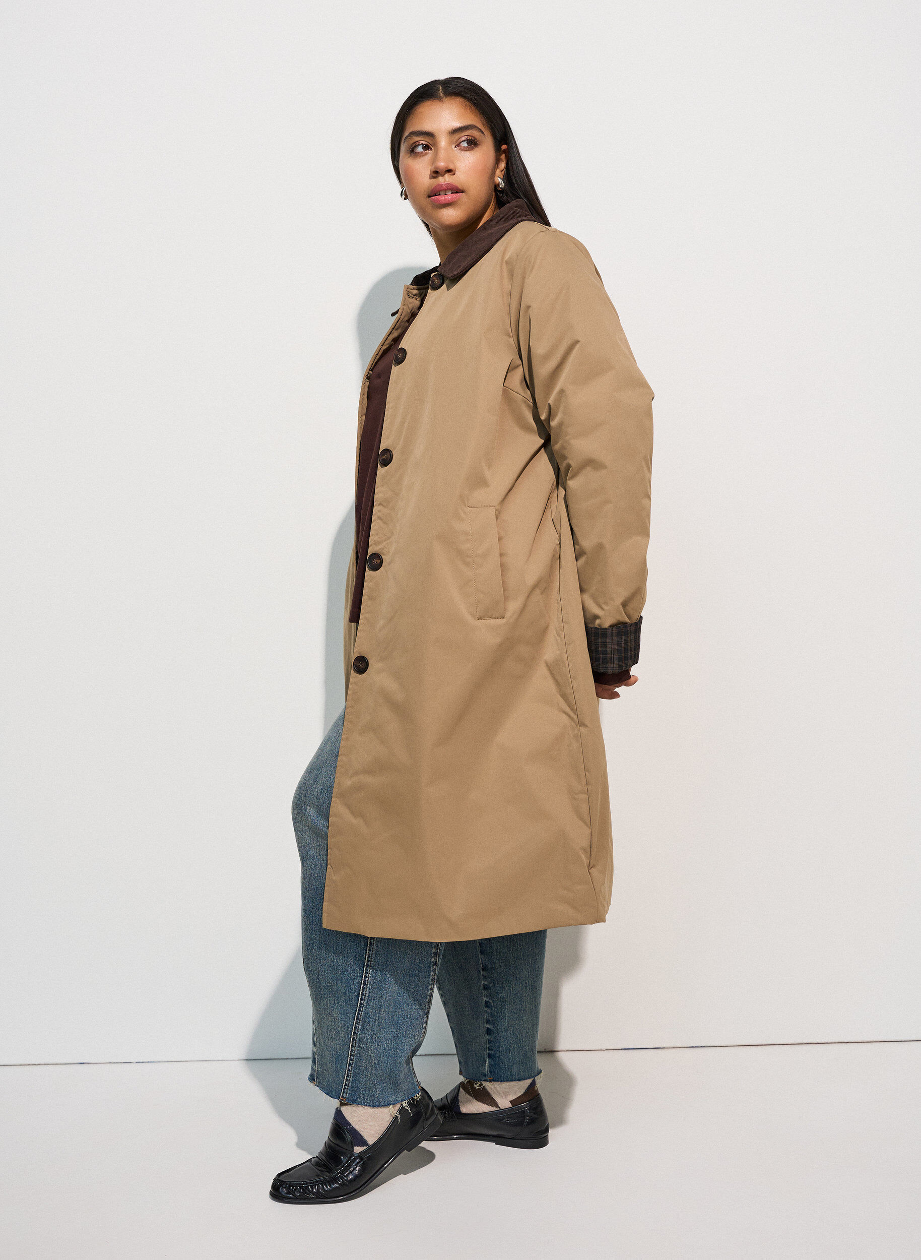 ZizziHalflange jas met corduroy kraag, Beige, Model image number 2