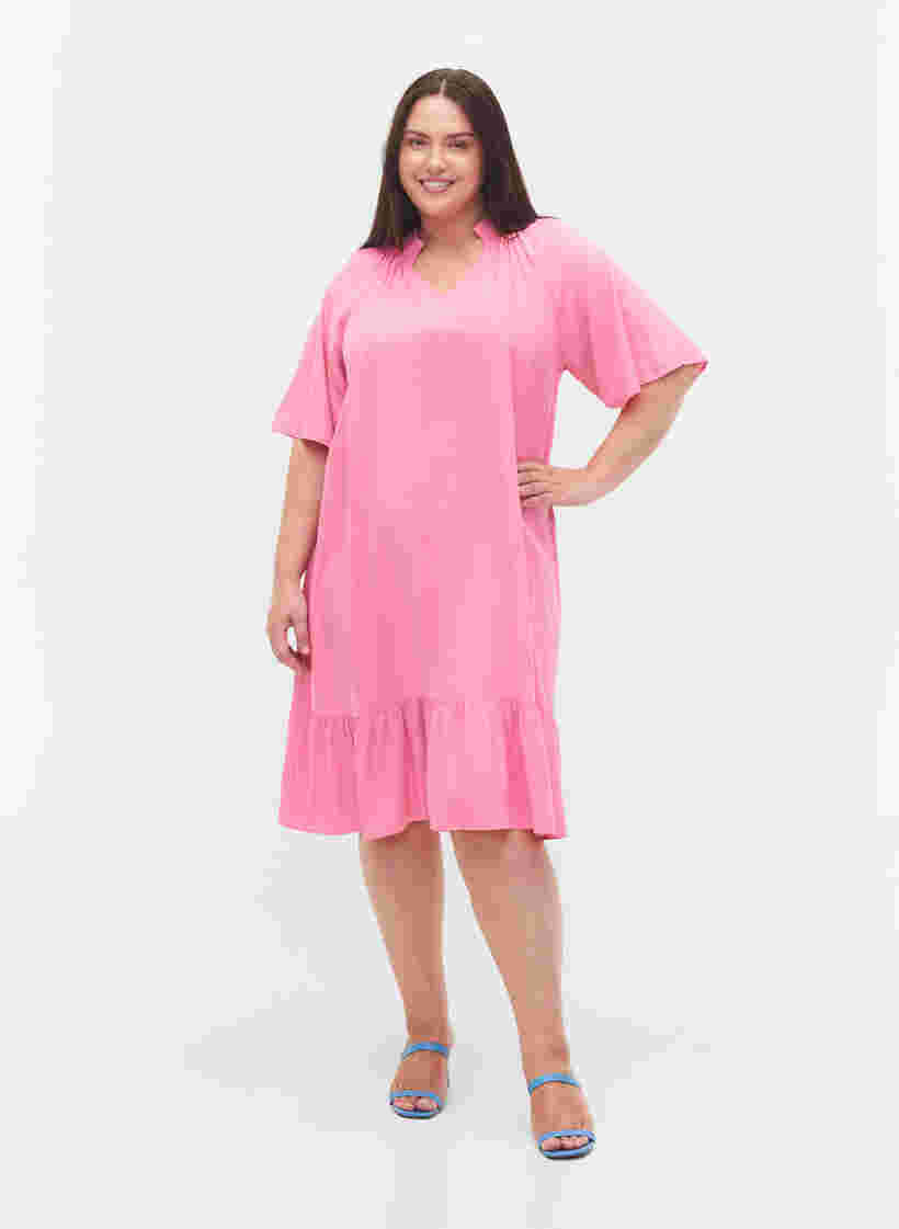 Viscose jurk met korte mouwen en v-hals, Aurora Pink, Model image number 2
