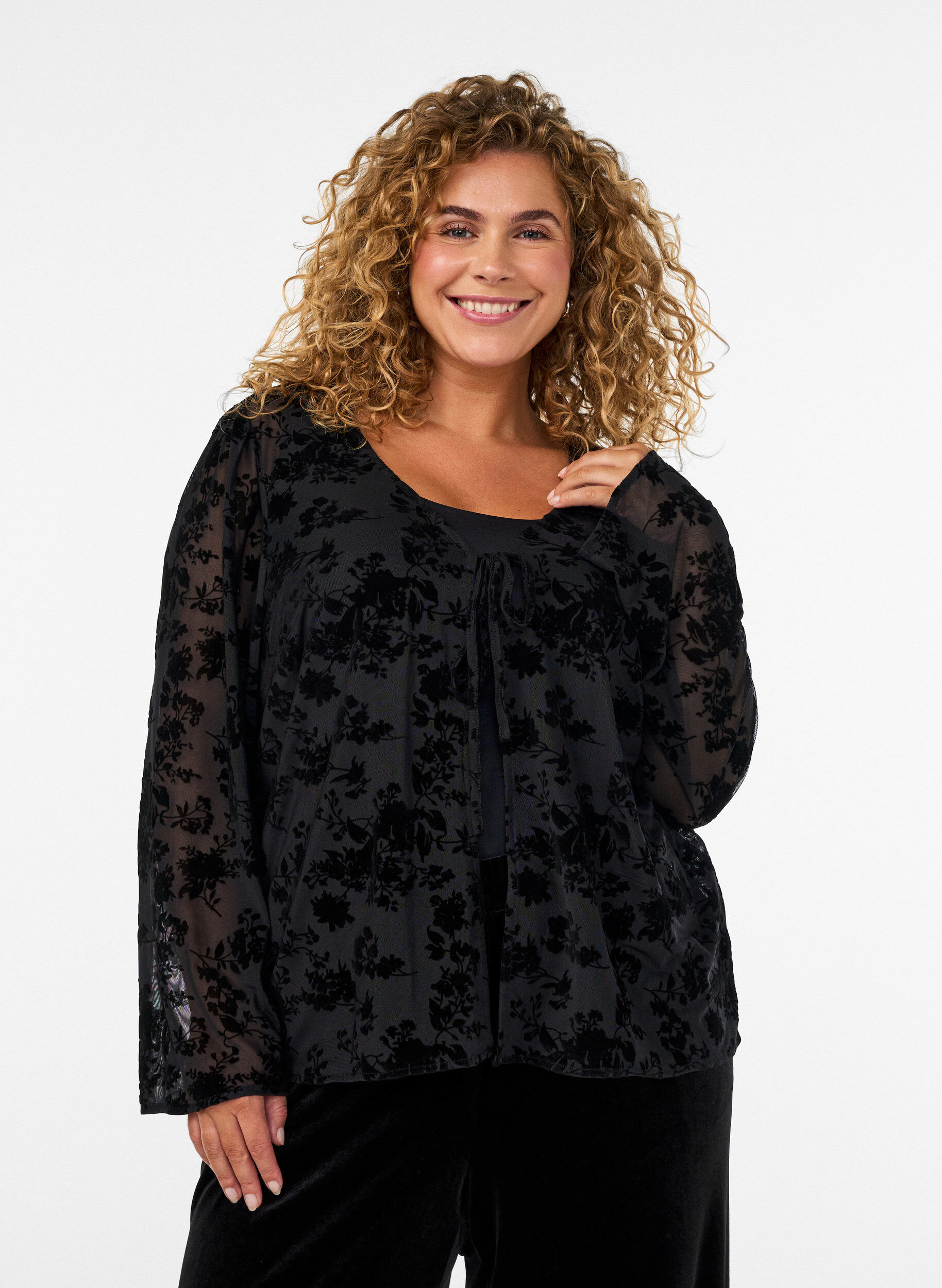 ZizziMesh blouse met bloemenpatroon en open voorkant, Zwart, Model image number 0