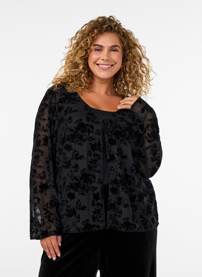 Mesh blouse met bloemenpatroon en open voorkant, Zwart, Model image number 0