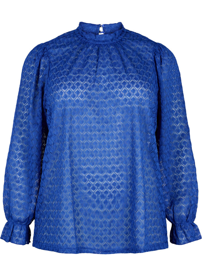 Blouse met lange mouwen en gedessineerde textuur, Deep Ultramarine, Packshot image number 0