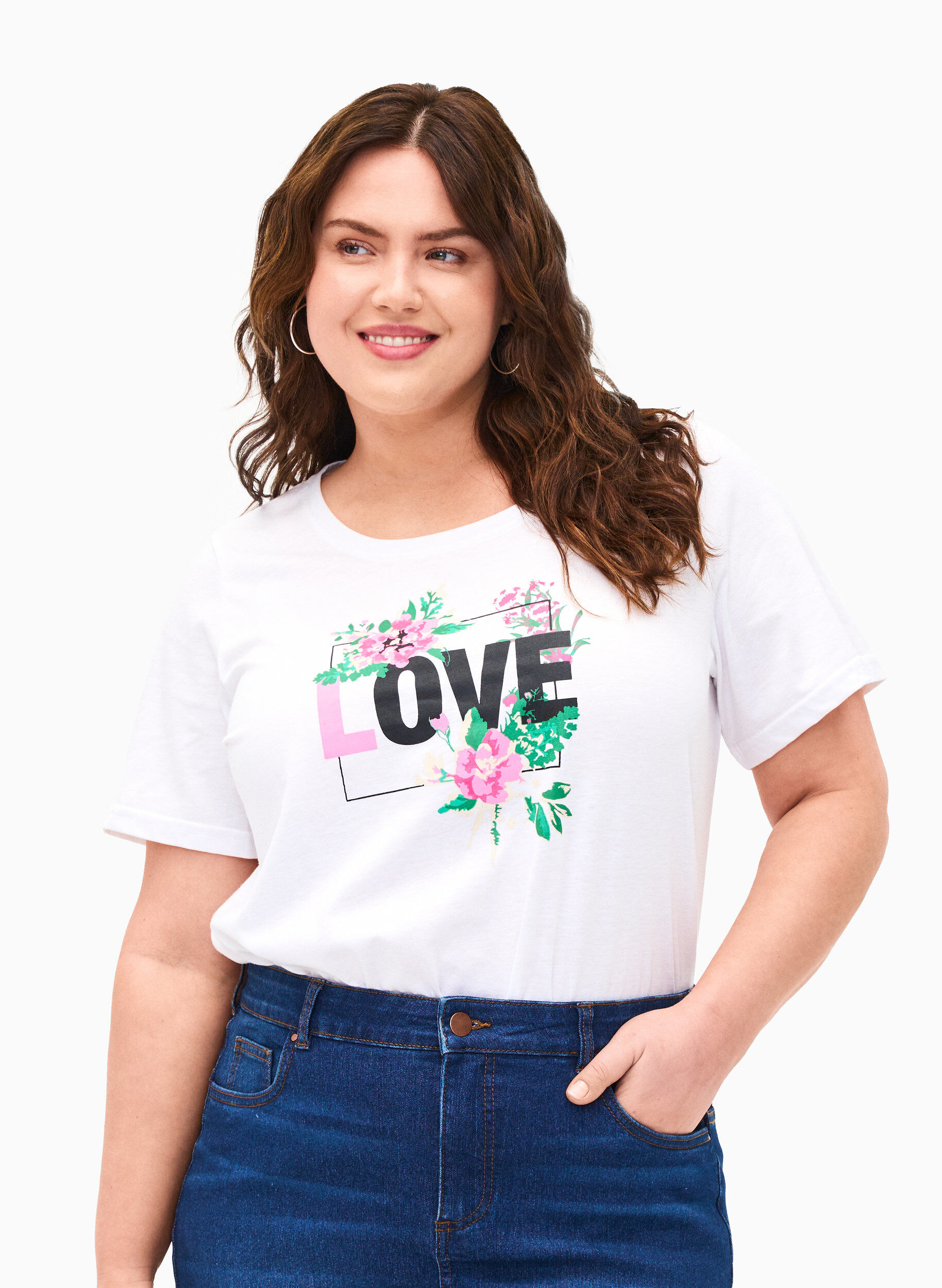 Zizzi FLASH - T-shirt met motief, Bright White Love, Model image number 0