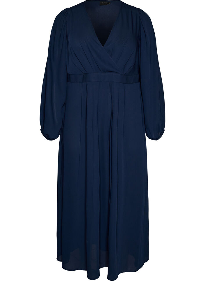 Maxijurk met overslaghals en lange mouwen, Blauw, Packshot image number 0