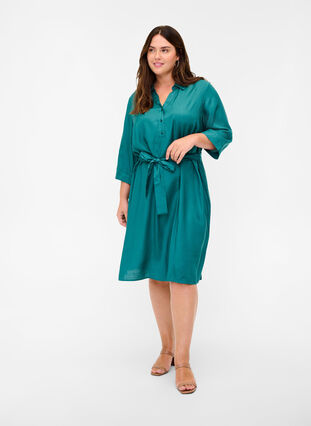 Gebeide jurk in viscose met striksluiting, Pacific, Model image number 2