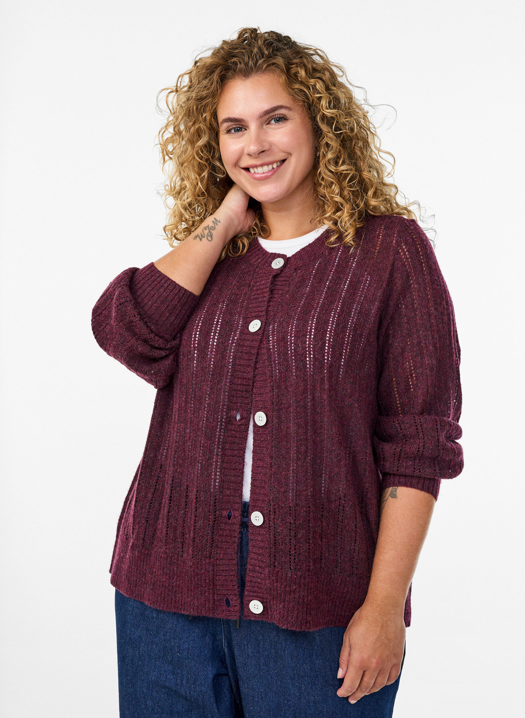 Zizzi Gebreide cardigan met opengewerkt patroon, Donker Bordeaux, Model image number 0