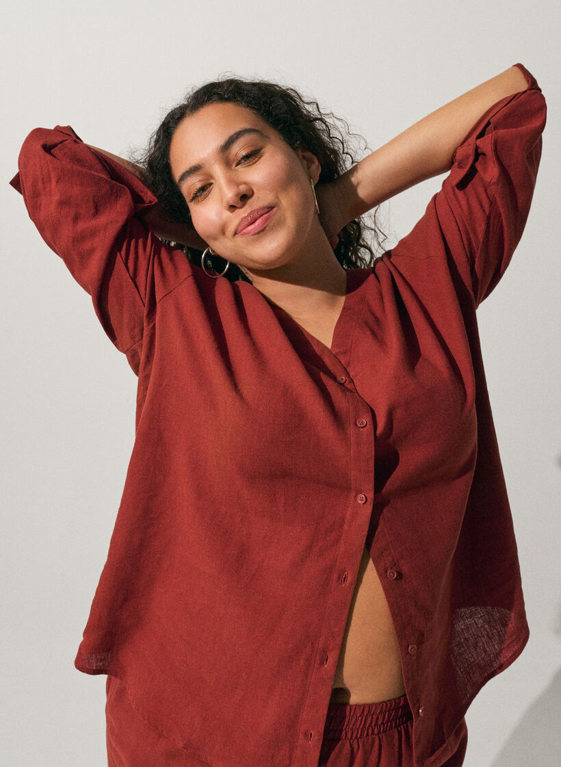 Blouse in linnen en viscose met V-hals, Rood, Image image number 0