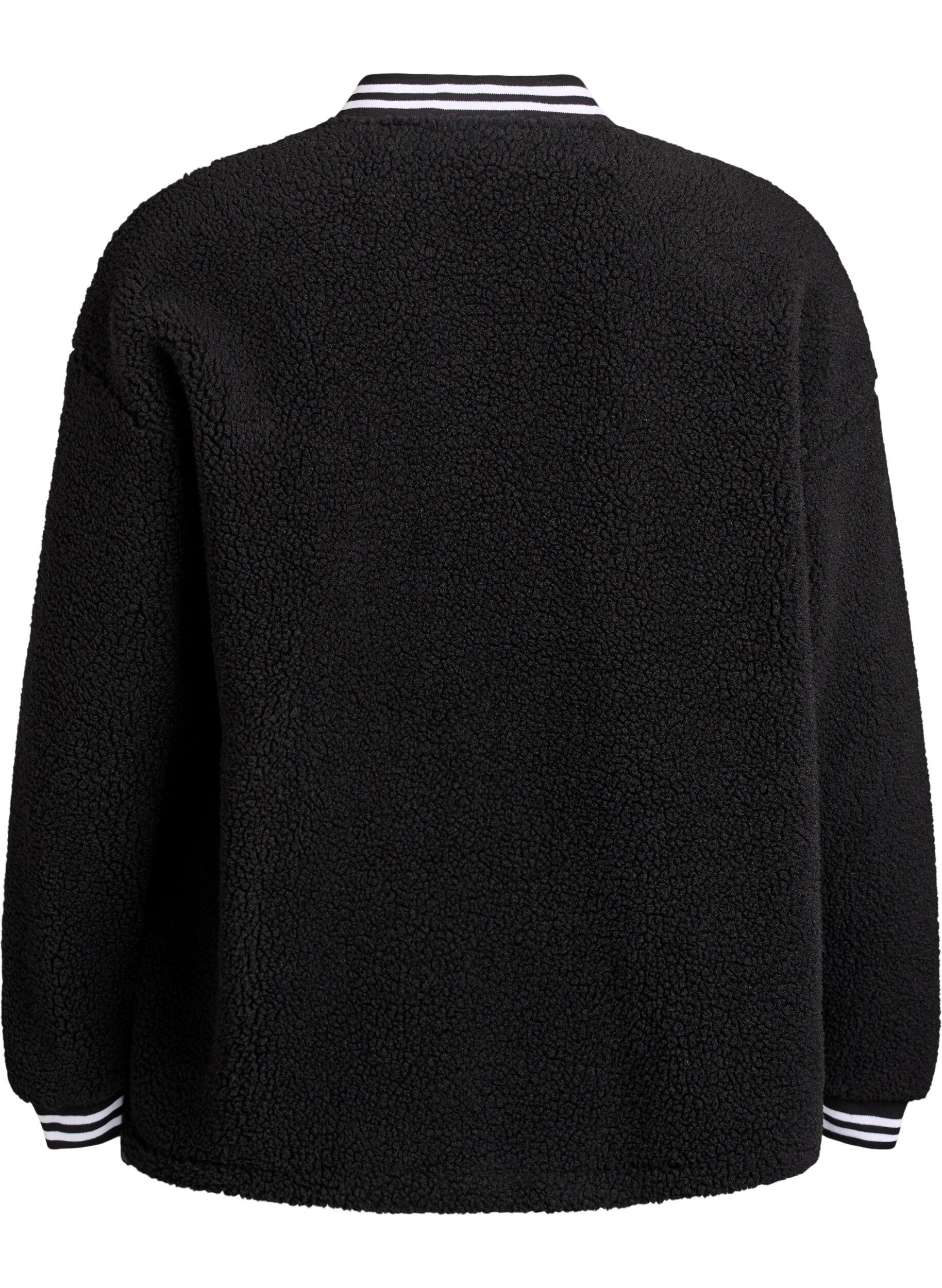 Zizzi Teddyfleece jas met strependetails, Zwart, Packshot image number 1