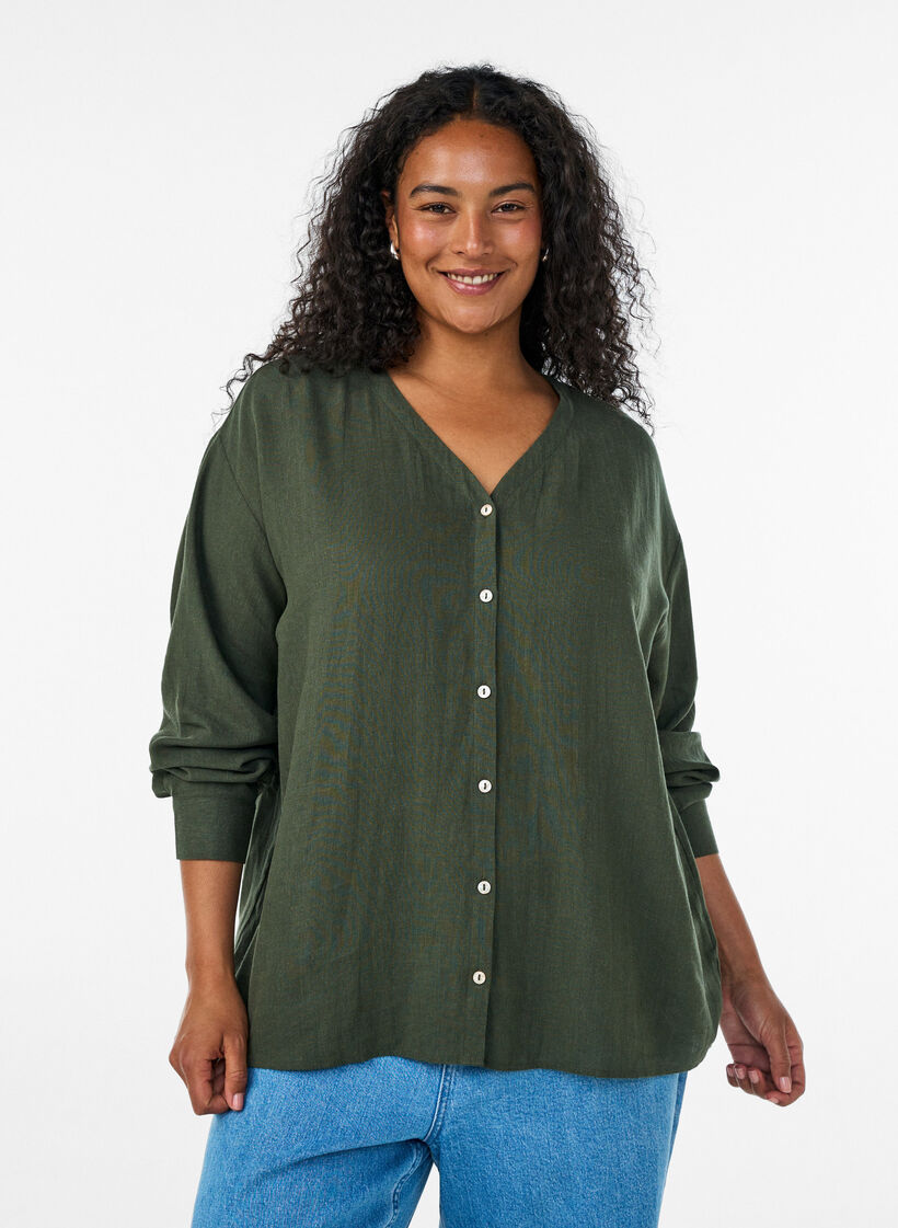 Blouse in linnen en viscose met V-hals, Groen, Model image number 0