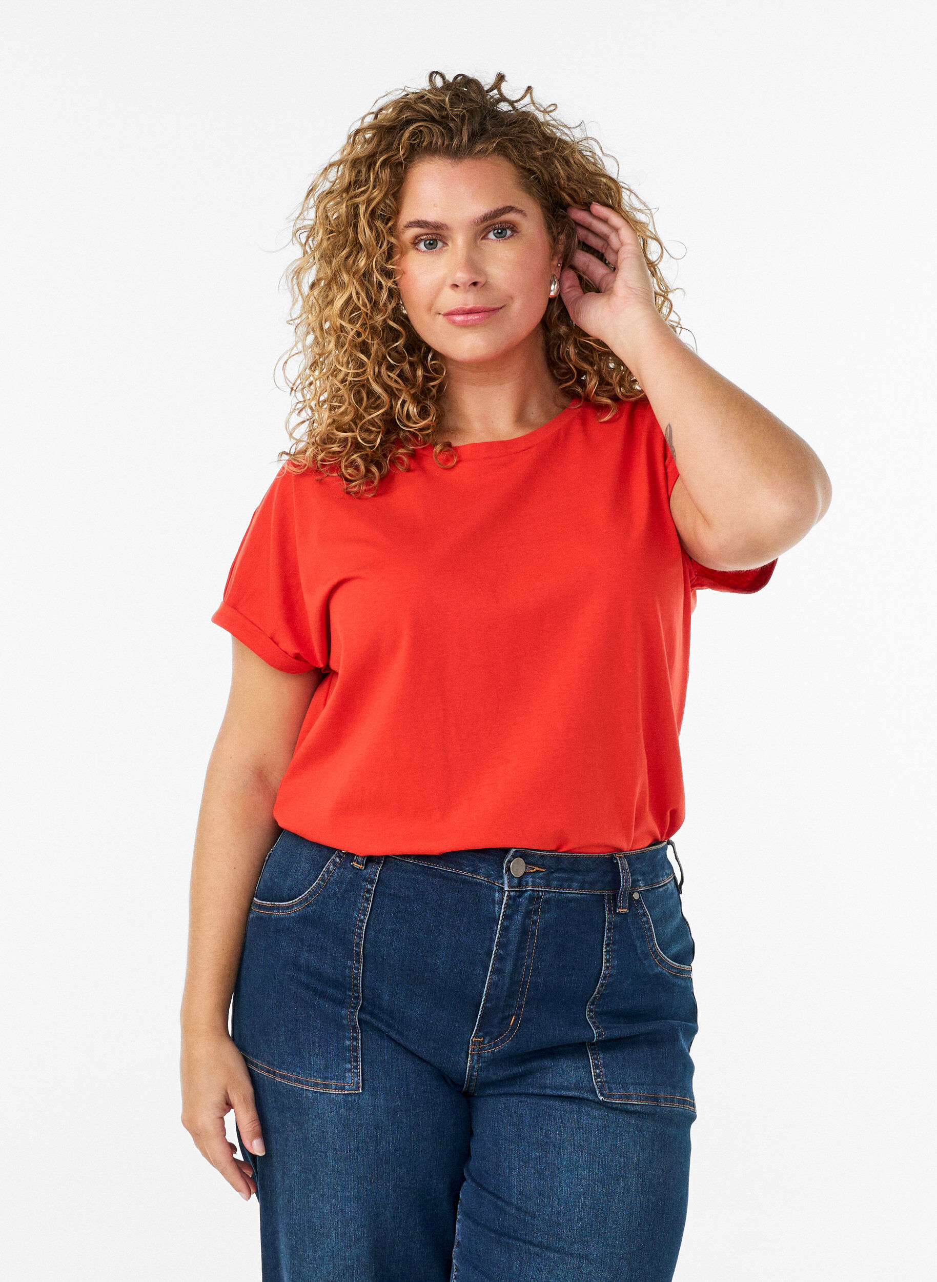 T-shirt met korte mouwen van katoenmix, Oranje, Model