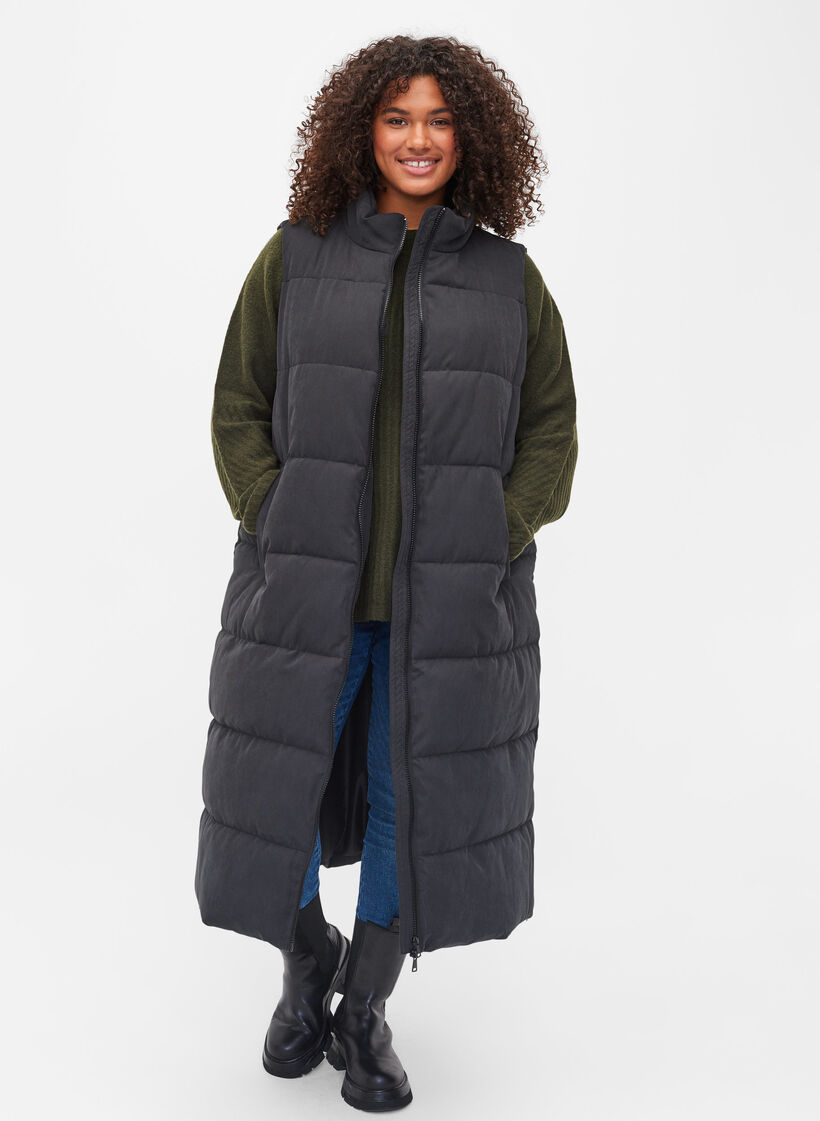 Lang vest met hoge kraag en zakken, Black, Model image number 0