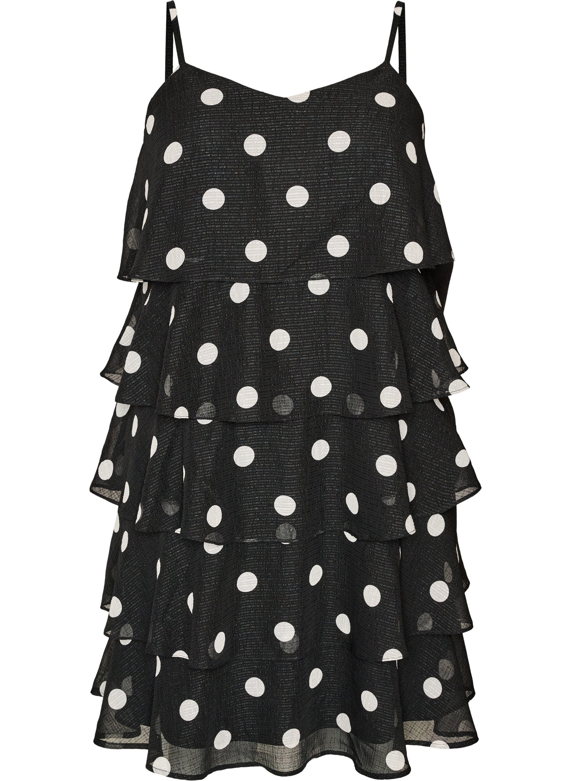 ZizziGelaagde jurk met ruches en spaghettibandjes, Zwart, Packshot image number 0