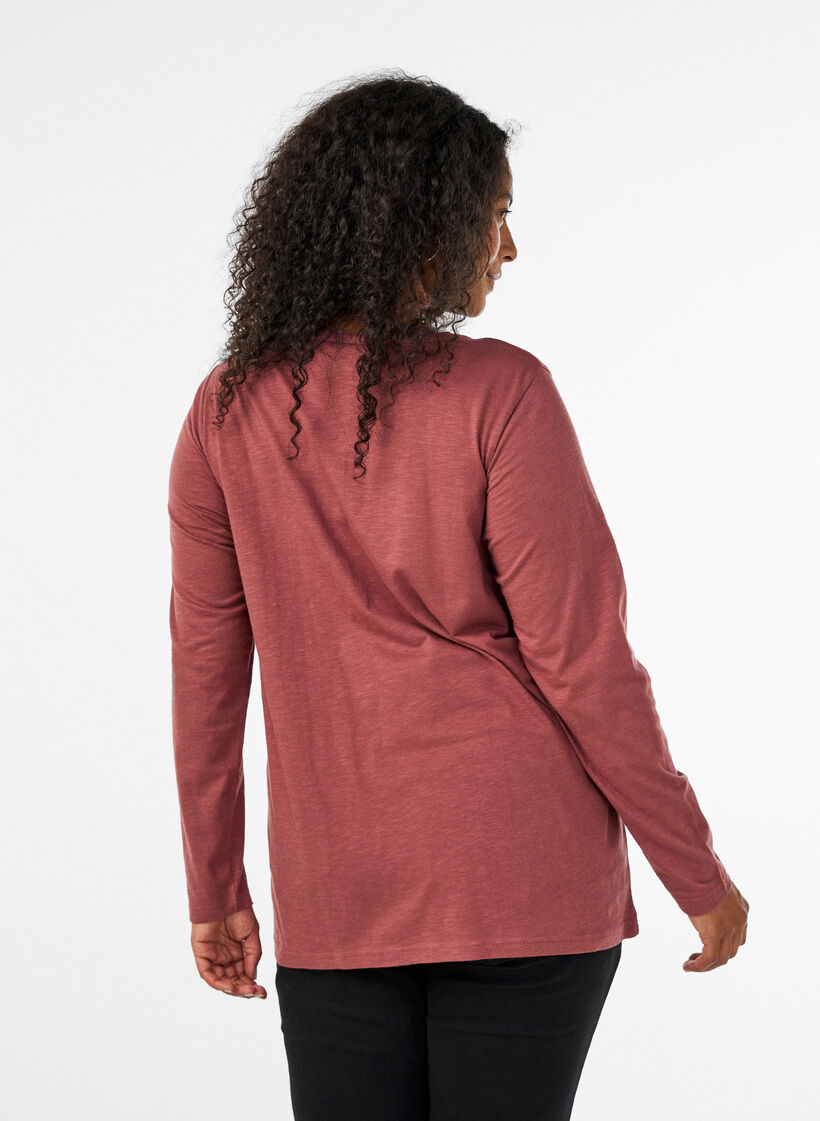 T-shirt met lange mouwen, V-hals en knopen, Bruin, Model image number 2