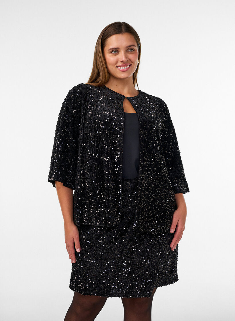 Korte rok met pailletten, Zwart, Model image number 0
