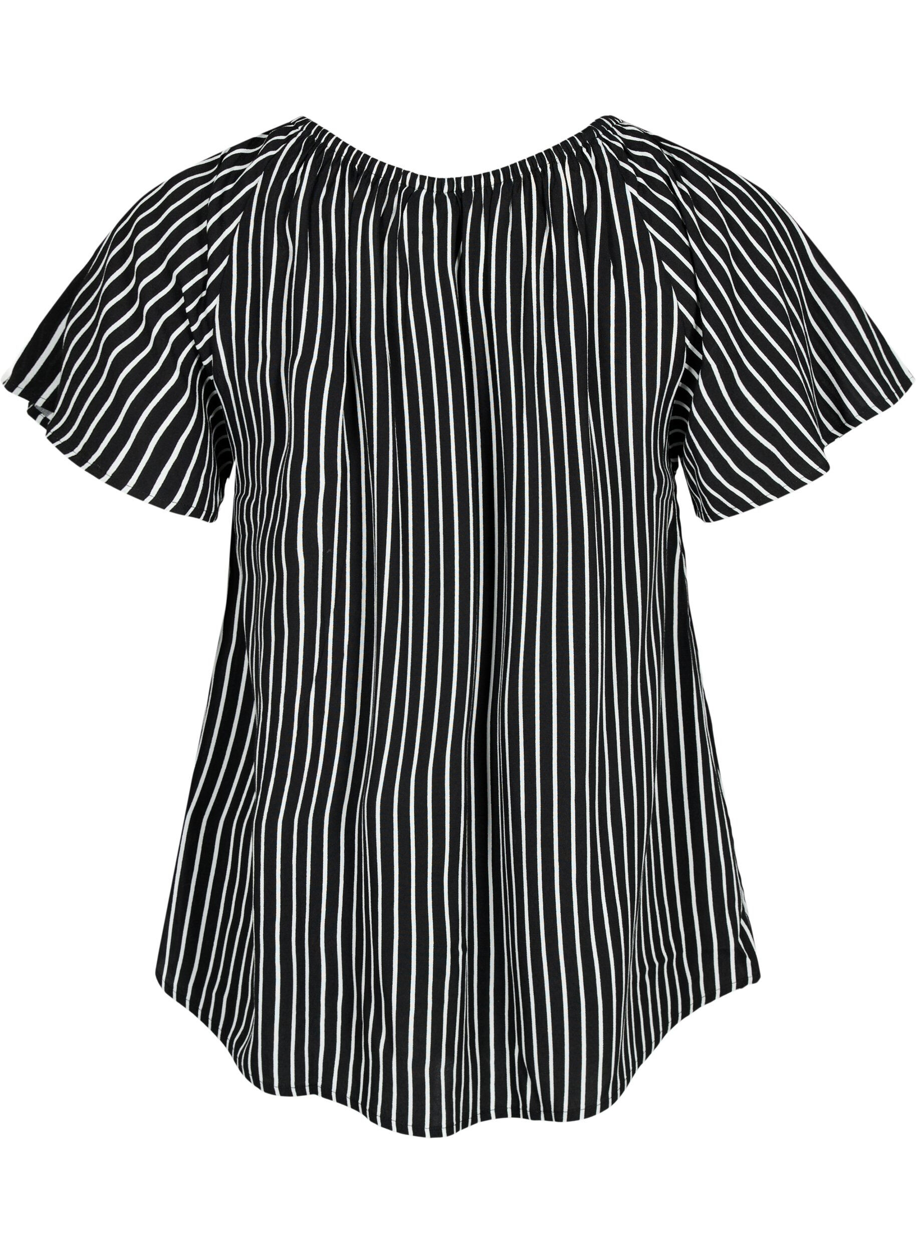 Zizzi Gestreepte blouse van viscose met korte mouwen, Black/ White Stripe, Packshot image number 1