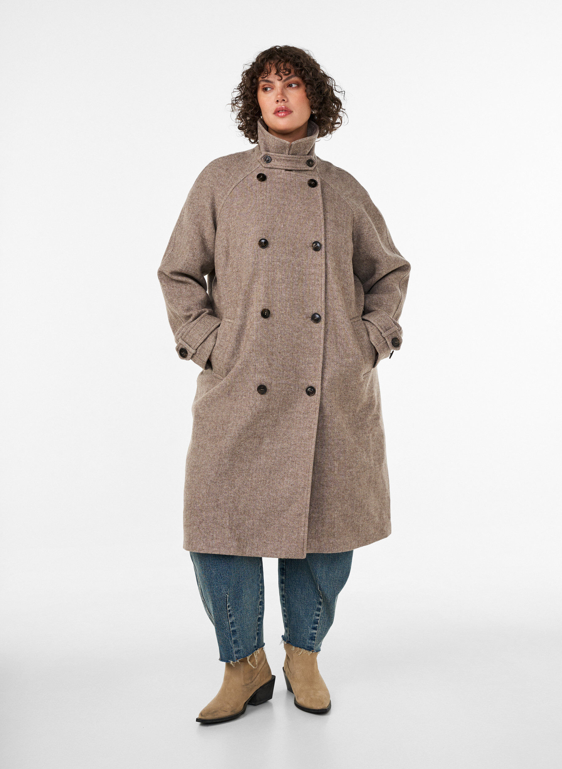 ZizziLange wollen jas met hoge kraag en dubbelzijdig knoopontwerp, Bruin, Model image number 0