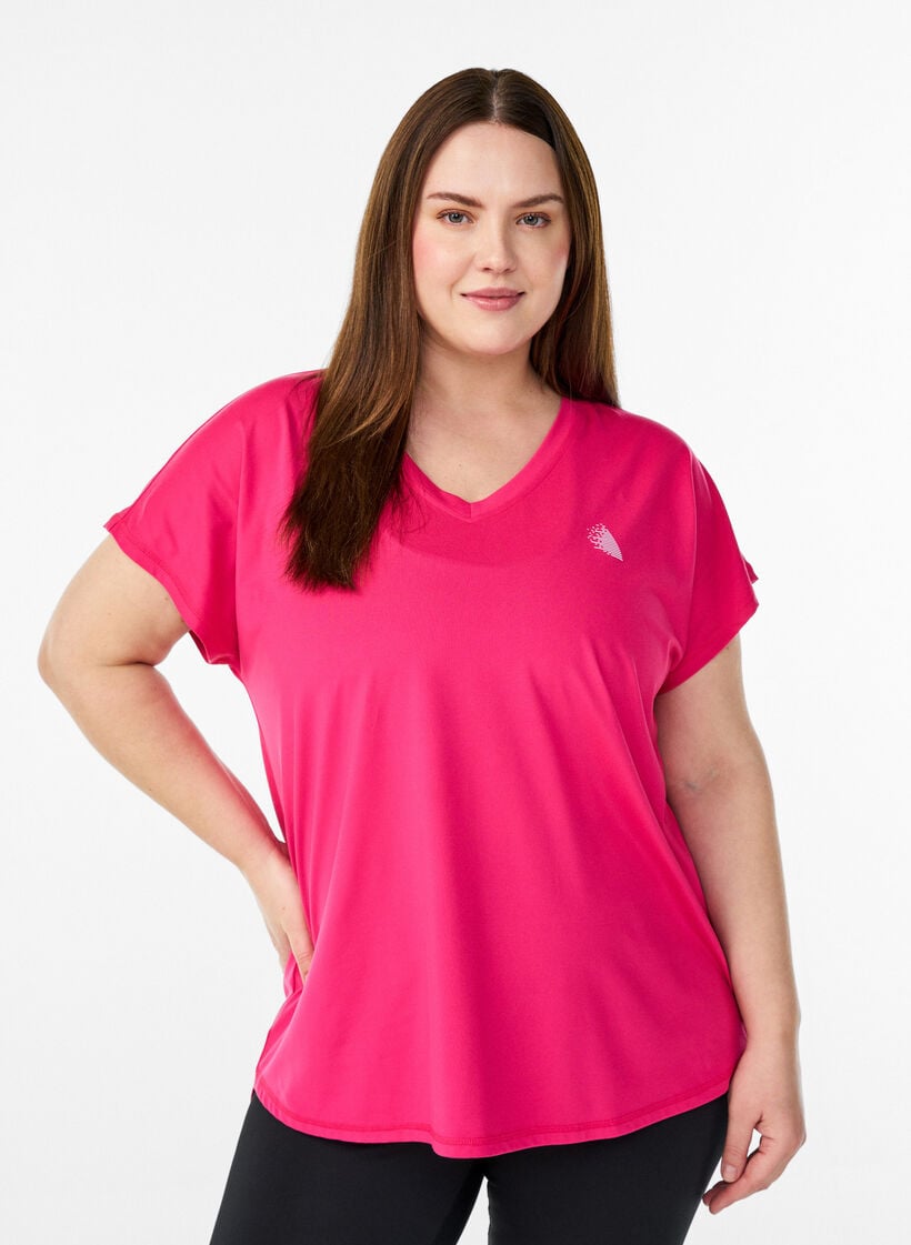 Sportief t-shirt met korte mouwen en v-hals, Roze, Model image number 0
