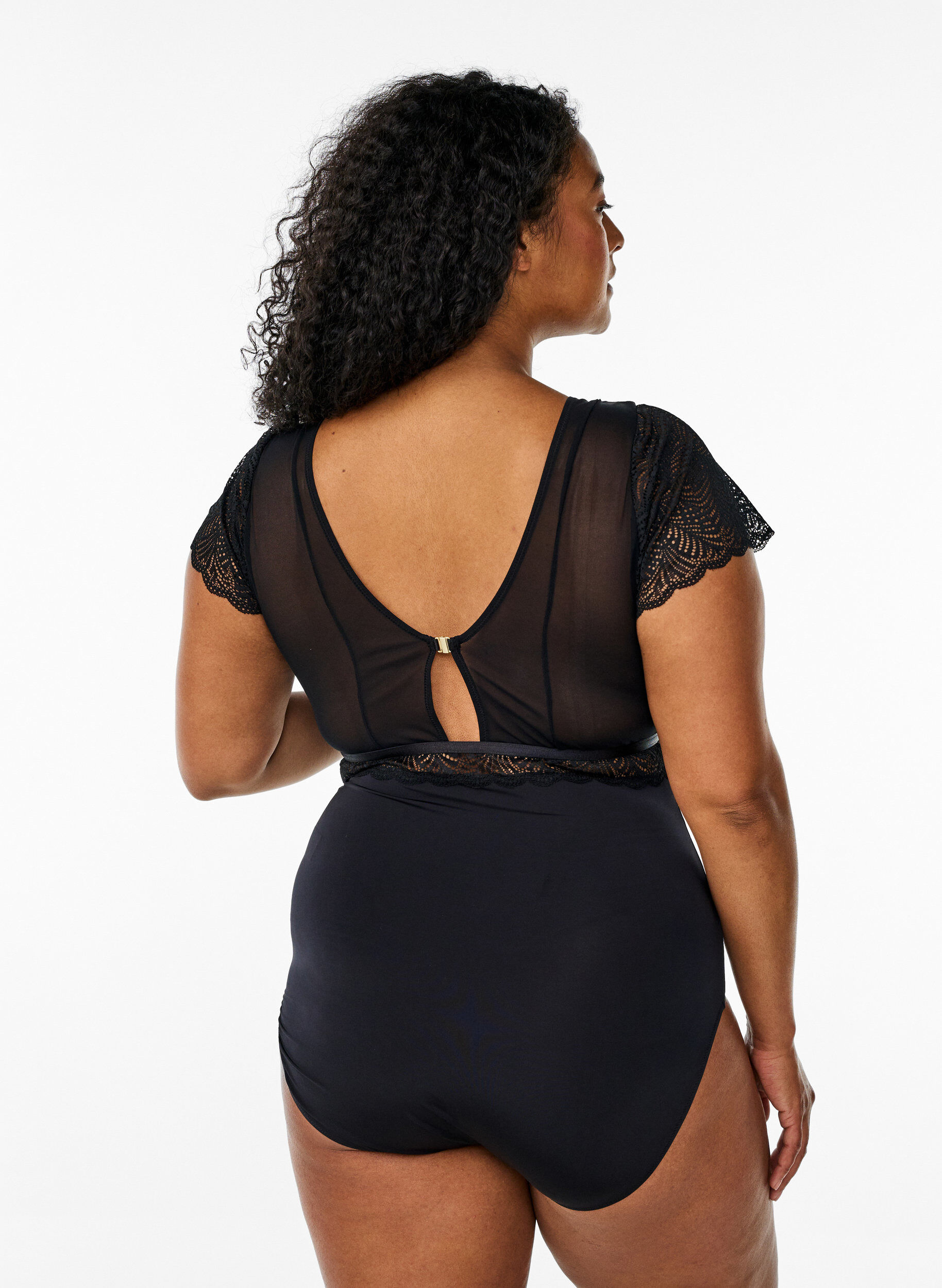 Zizzi Bodystocking met kanten en korte mouwen, Zwart, Model image number 1