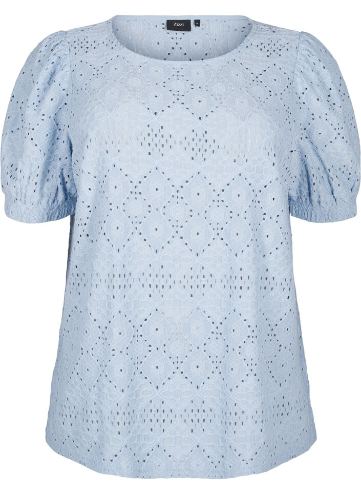 Blouse met korte mouwen en patroon met kant, Cashmere Blue, Packshot image number 0