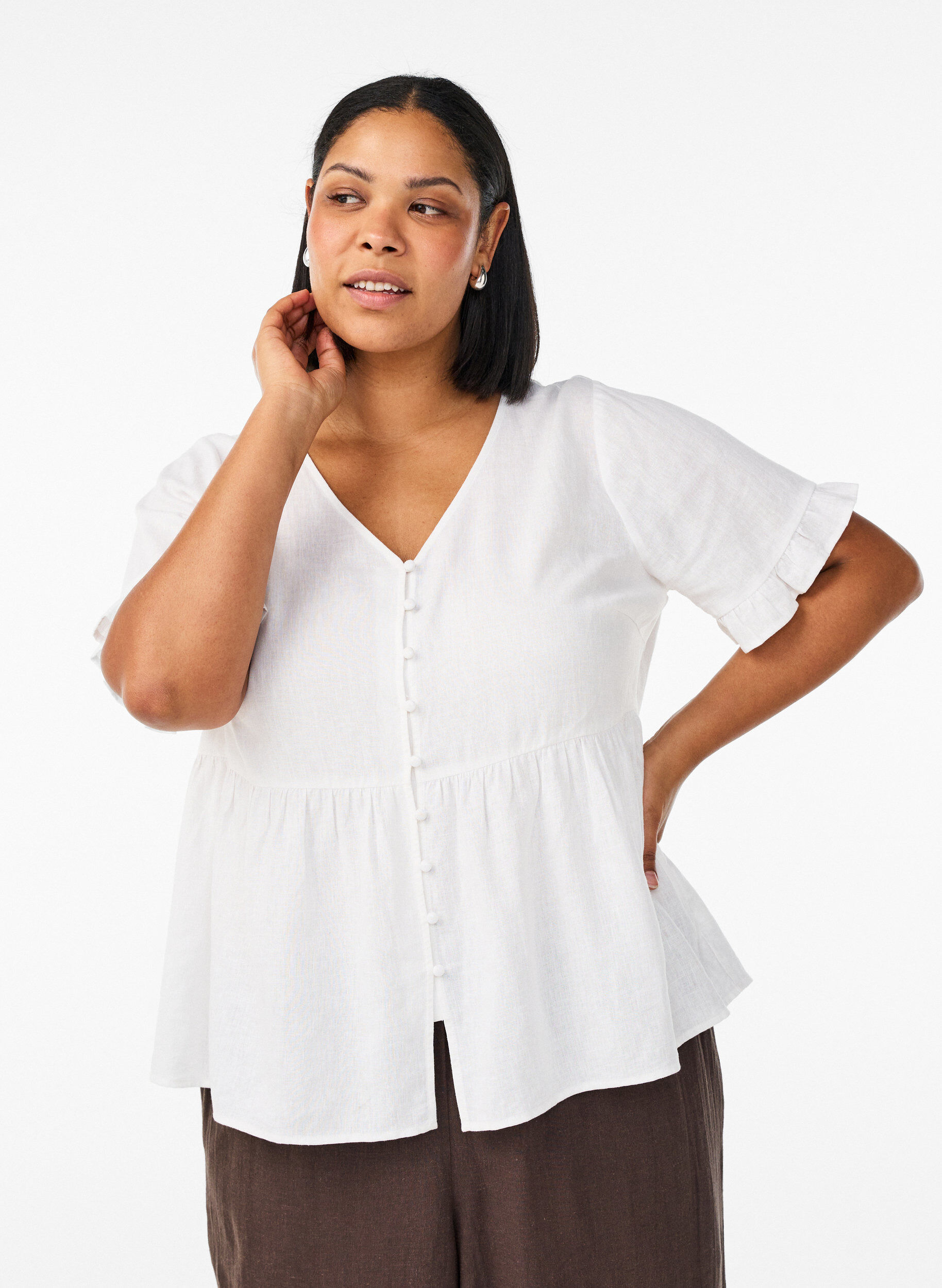 Blouse in linnen en viscose met een V-hals en knoopsluiting, Wit, Model