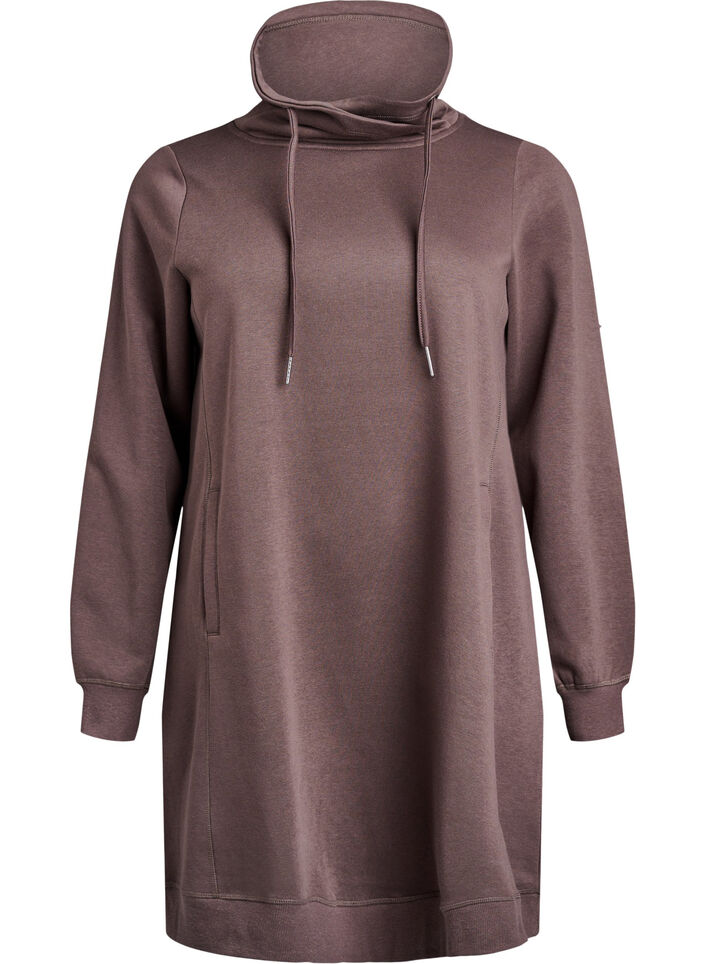 Kort sweatshirt jurk met hoge kraag en zakken, Bruin, Packshot image number 0