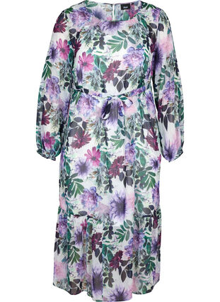 Midi-jurk met bloemenprint en lange mouwen, Purple Flower mix, Packshot image number 0