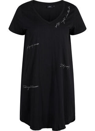 Katoenen pyjama jurk met korte mouwen en print, Black Silv Foil Text, Packshot image number 0