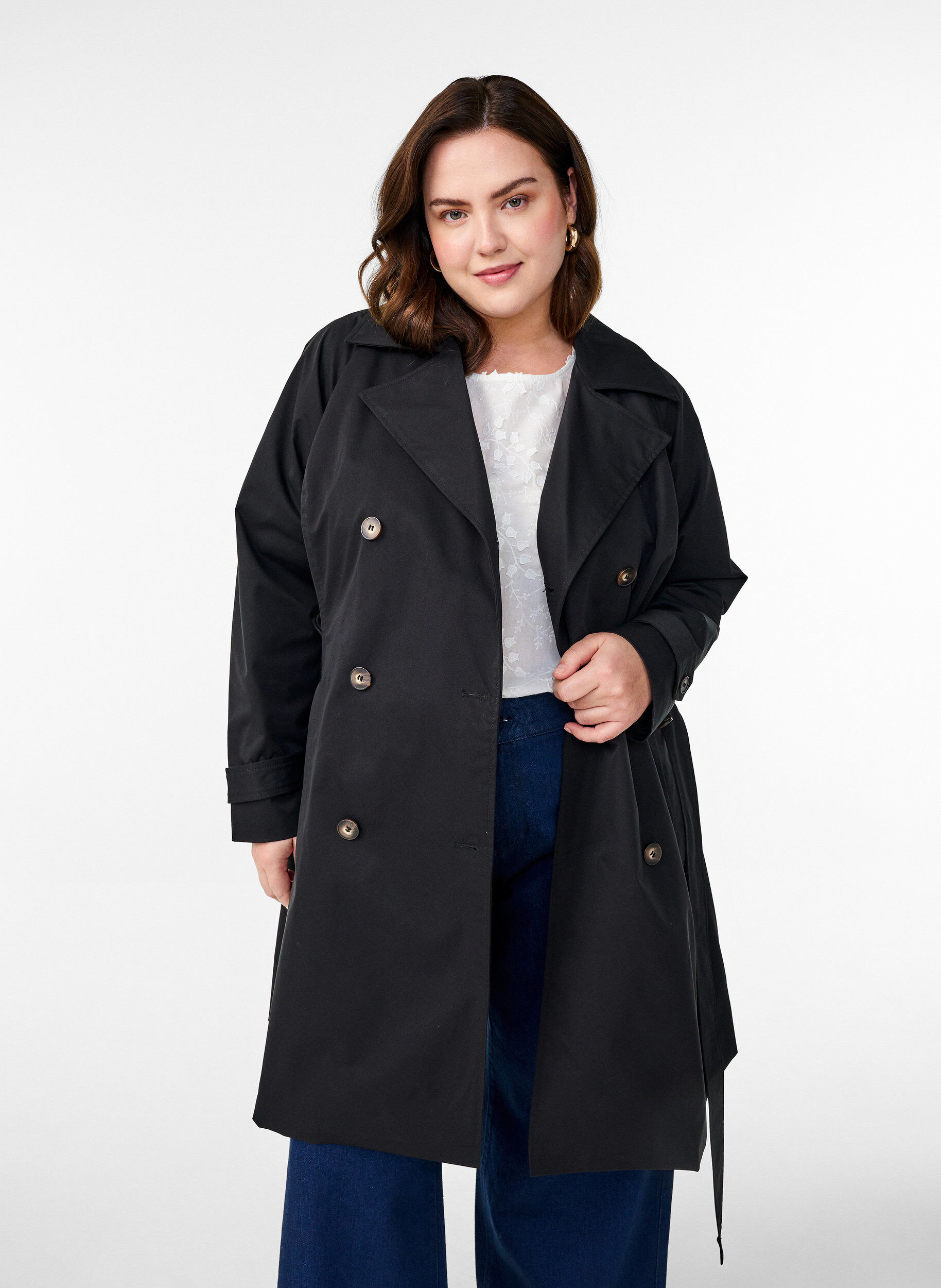 Zizzi Halflange trenchcoat met ceintuur, Black, Model image number 0