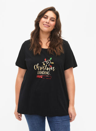 Kerst T-shirt met pailletten, Black W. Loading, Model image number 0