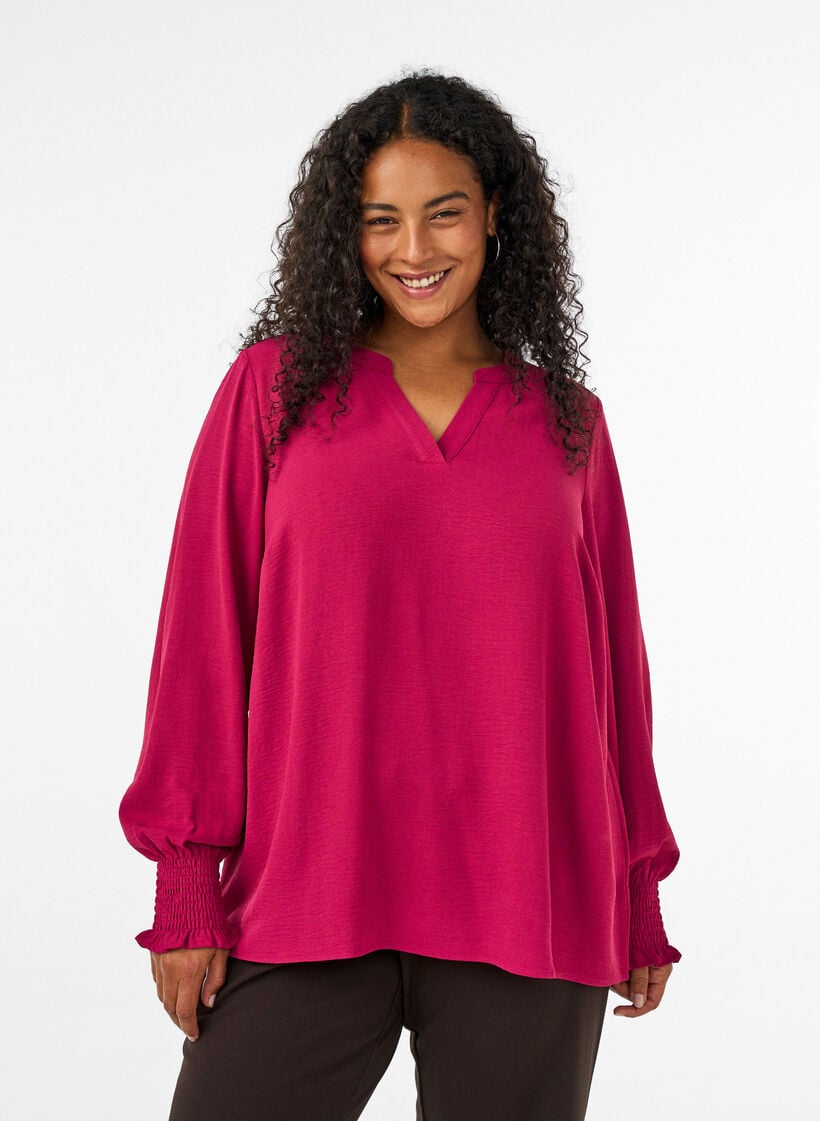 Blouse met smockmanchetten en V-hals, Rood, Model image number 0