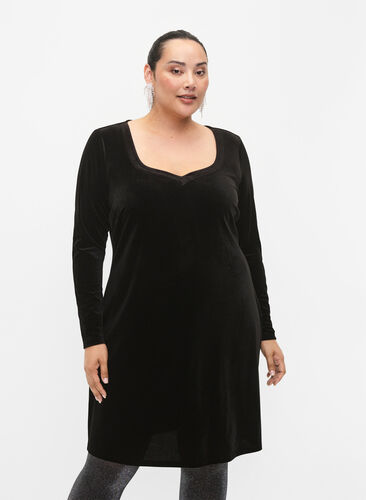 Fluwelen jurk met lange mouwen, Black, Model image number 0